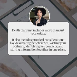 Puede incluir: Un portapapeles con texto sobre la planificaci&oacute;n de la muerte, incluidas consideraciones pr&aacute;cticas m&aacute;s all&aacute; de la herencia. La imagen incluye un retrato de mujer y un fondo de papeler&iacute;a y plantas secas.