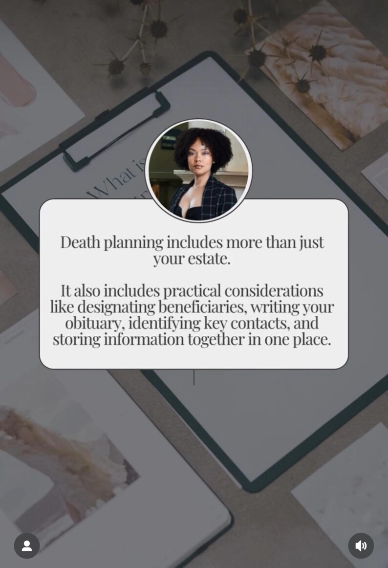 Puede incluir: Un portapapeles con texto sobre la planificaci&oacute;n de la muerte, incluidas consideraciones pr&aacute;cticas m&aacute;s all&aacute; de la herencia. La imagen incluye un retrato de mujer y un fondo de papeler&iacute;a y plantas secas.
