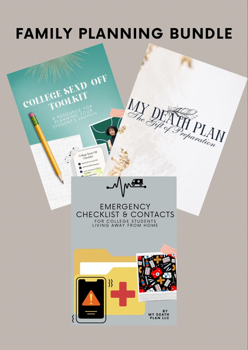 Puede incluir: Un paquete de planificaci&oacute;n familiar con tres gu&iacute;as: "College Send Off Toolkit", "My Death Plan" y "Emergency Checklist & Contacts". El "College Send Off Toolkit" tiene un l&aacute;piz. El "Emergency Checklist & Contacts" tiene un signo m&aacute;s.