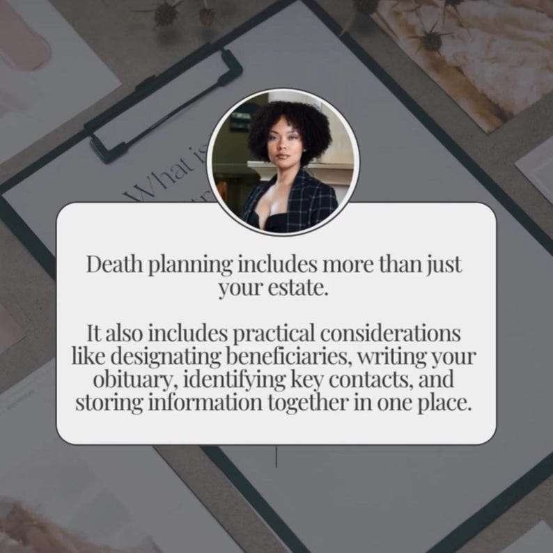May include: A graphic with the text "Death planning includes more than just your estate." and additional text about practical considerations. A woman's portrait is in a circle at the top. The background is a neutral color.