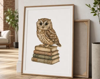 Owl on Books, Watercolor Bird Print, Whimsical Reading Nook Decor, Bird Lover Gift