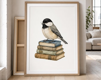 Black Capped Chickadee on Books, Watercolor Bird Print, Whimsical Reading Nook Decor, Bird Lover Gift