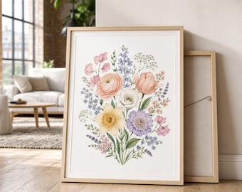 Wildflower Bouquet Poster, Botanical Floral Wall Art Print, Cottagecore Flower Decor, Spring Garden Flower Print, Farmhouse Wall Decor Gift