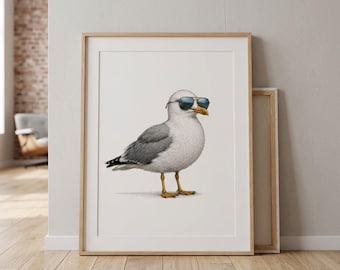 Seagull With Sunglasses Wall Art Print, Funny Coastal Beach Decor, Bird Lover Gift