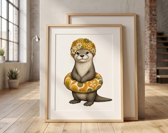 Whimsical Groovy Otter Wall Art Print, Cottagecore Bathroom Decor, Nursery Animal Art, Funny Marine Life Poster, Nature Decor
