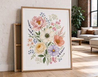 Wildflower Bouquet Poster, Botanical Floral Wall Art Print, Cottagecore Flower Decor, Peony Anemone Cosmos Print, Farmhouse Wall Decor Gift