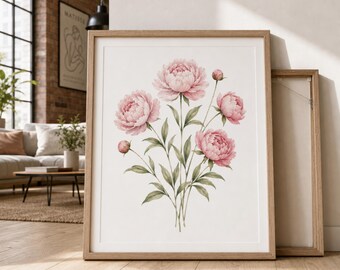 Vintage Peony Botanical Print, Floral Wall Art, Cottagecore Wildflower Poster, Flower Lover Gift