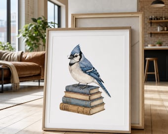 Blue Jay on Books, Watercolor Bird Print, Whimsical Reading Nook Decor, Bird Lover Gift