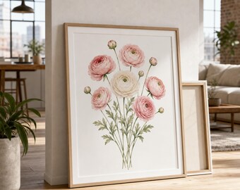 Vintage Ranunculus Botanical Print, Floral Wall Art, Cottagecore Wildflower Poster, Flower Lover Gift