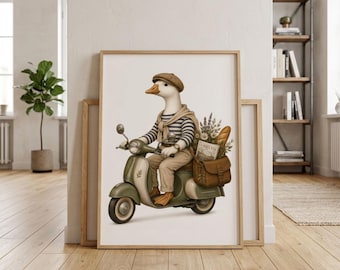 Chic Goose Scooter Art Print, Whimsical Animal Decor, Vintage Goose Illustration, Goose Lover Gift