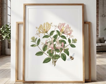 Vintage Honeysuckle Botanical Print, Floral Wall Art, Cottagecore Wildflower Poster, Flower Lover Gift