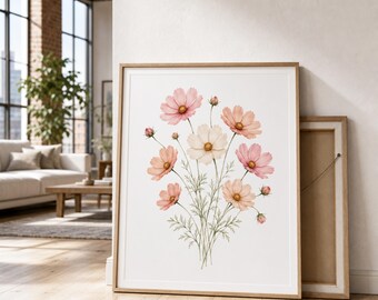 Vintage Cosmos Botanical Print, Floral Wall Art, Cottagecore Wildflower Poster, Flower Lover Gift