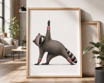 Funny Raccoon Yoga Wall Art, Whimsical Animal Illustration, Yoga Studio Decor, Raccoon Artwork Print, Gift for Yoga Lovers