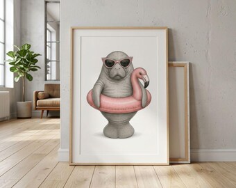 Whimsical Manatee Wall Art Print, Coastal Bathroom Decor, Ocean Animal Poster, Flamingo Art Gift