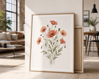 Vintage Poppy Botanical Print, Floral Wall Art, Cottagecore Wildflower Poster, Flower Lover Gift