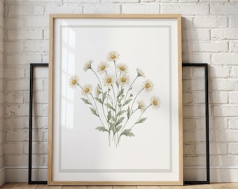 Vintage Daisy Botanical Digital Download Wall Art, Floral Boho Cottagecore Poster, Wildflower Print