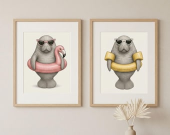 Choice of  Whimsical Manatee Wall Art Prints, Coastal Bathroom Decor, Funny Beach Poster Set, Tropical Ocean Animal Art