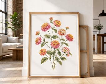 Vintage Lantana Botanical Print, Floral Wall Art, Cottagecore Wildflower Poster, Flower Lover Gift