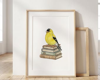 Goldfinch on Books, Watercolor Bird Print, Whimsical Reading Nook Decor, Bird Lover Gift