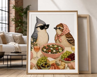 Bird Dinner Party Wall Art Print, Whimsical Bird Illustration, Cottagecore Animal Art, Bird Lover Gift, Kitchen & Dining Room Decor