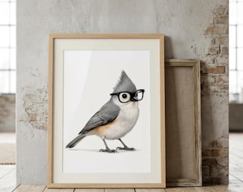 Tufted Titmouse Digital Download, Bird With Glasses, Art Print, Printable Wall Decor