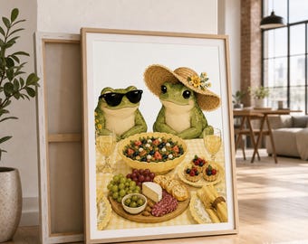 Frog Dinner Party Wall Art Print, Whimsical Frog Illustration, Cottagecore Animal Art, Frog Lover Gift, Kitchen Dining Decor