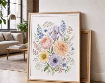 Wildflower Bouquet Poster, Botanical Floral Wall Art Print, Cottagecore Flower Decor, Iris Dahlia Flower Print, Farmhouse Wall Decor Gift