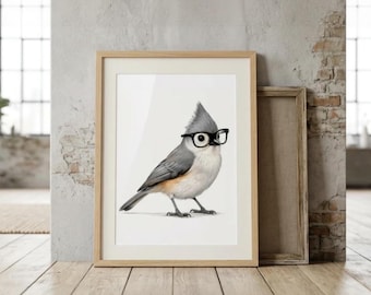 Tufted Titmouse Art Print, Bird With Glasses, Nature Wall Art, Funny Bird Poster