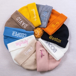 May include: A collection of colorful knit beanies, each embroidered with a different name in a contrasting color. The beanies are arranged in a circular pattern, showcasing a variety of hues including blue, yellow, and pink.