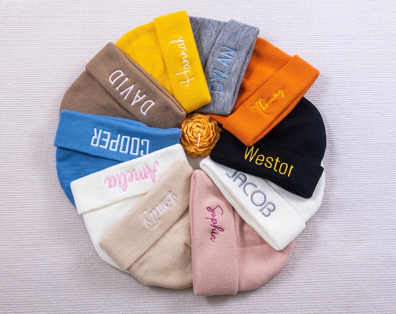 May include: A collection of colorful knit beanies, each embroidered with a different name in a contrasting color. The beanies are arranged in a circular pattern, showcasing a variety of hues including blue, yellow, and pink.