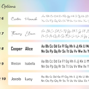 May include: A graphic showcasing font options, including examples of names and the full alphabet in various styles. The text "Font Options" is at the top. Font styles include cursive and block lettering, with names like Carter, Hannah, Thomas, and Elena.