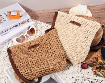 Custom Bridesmaid Straw Bag, Straw Tote Bag with Name, Travel Beach Bag, Crossbody Bag, Gift for Bridesmaid