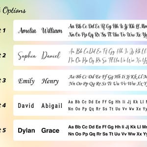 May include: Font options graphic with five font styles displayed. Each font style shows a sample name and the full alphabet in both upper and lowercase letters. The background is a gradient of pastel colors.