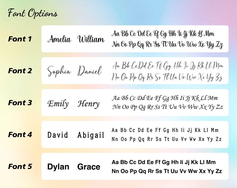 May include: Font options graphic with five font styles displayed. Each font style shows a sample name and the full alphabet in both upper and lowercase letters. The background is a gradient of pastel colors.