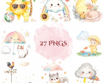 27 Pastel Kawaii Weather PNG Bundle |Cute Watercolor Clipart with Sun, Clouds, Moon,Rainbow,Rain, Snow,Umbrella,Stars |Aesthetic Sublimation