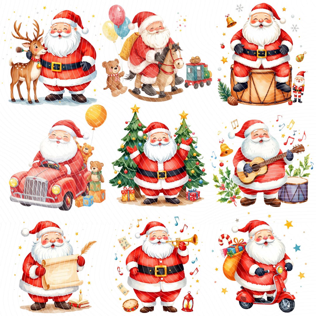 24 Watercolor Santa Claus PNG Bundle |christmas Clipart With Santa ...