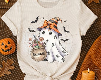 Cute Halloween Ghost Clipart PNG | Witch Hat, Candy Bag, Spiderweb & Bats | Spooky Cute Watercolor Sublimation Design
