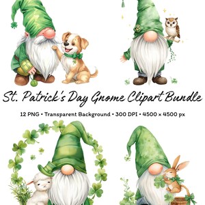 May include: A St. Patrick's Day Gnome Clipart Bundle featuring watercolor illustrations of gnomes with pets and shamrocks. The gnomes wear green hats and outfits. The bundle includes 12 PNG files with transparent backgrounds, 300 DPI, and 4500 x 4500 px.