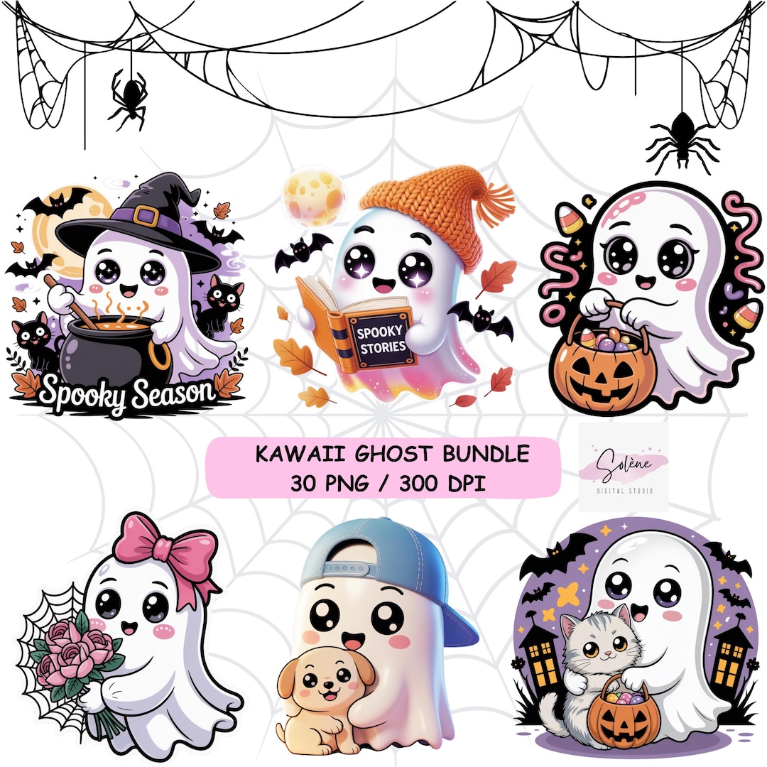 30 Designs Halloween Ghost PNG Bundle | Cute & Spooky Clipart | Chibi ...