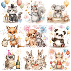 May include: A collection of watercolor illustrations featuring adorable animals celebrating. Includes a cat in a tuxedo, a squirrel with a party hat, a koala writing, a fox with champagne, a puppy and kitten, a panda with a sparkler, an owl, rabbits, and a dragon.
