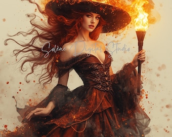 Paquete de imágenes prediseñadas de brujas en acuarela: descarga digital PNG de brujas de fantasía mística, arte de brujas de Halloween, decoración de pared imprimible