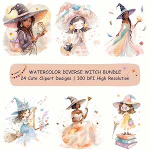 May include: Watercolor illustrations of diverse witches in various poses. The image includes six whimsical designs, each featuring a witch with unique attire and accessories. Text reads: "Watercolor Diverse Witch Bundle, 24 Cute Clipart Designs | 300 DPI High Resolution."