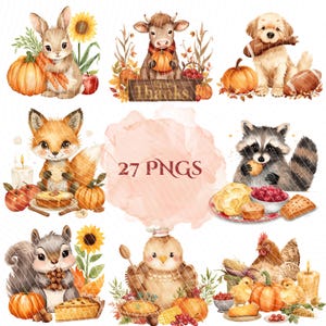 Könnte beinhalten: Aquarellillustrationen verschiedener Tiere, darunter ein Hase, eine Kuh, ein Hund und ein Fuchs, mit Kürbissen, Kuchen und Herbstlaub. Das Bild enthält den Text "27 PNGs".