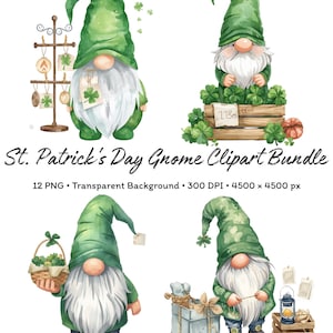 May include: A watercolor illustration of a St. Patrick's Day Gnome Clipart Bundle. The image features four gnomes with green hats and white beards, surrounded by shamrocks and other St. Patrick's Day themed items. The text "St. Patrick's Day Gnome Clipart Bundle" is also included.