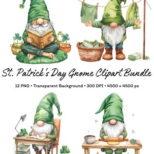 May include: Watercolor illustrations of St. Patrick's Day gnomes in various poses. One gnome reads a book, another hangs laundry, a third writes at a desk, and the last bakes. The image includes the text "St. Patrick's Day Gnome Clipart Bundle".