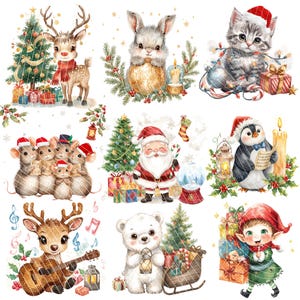 May include: Watercolor illustrations of Christmas characters, including a reindeer with a red scarf, a bunny with a golden ornament, a kitten with a Santa hat, mice, Santa Claus, a penguin, a deer playing guitar, a polar bear, and an elf. Each character is surrounded by festive elements.