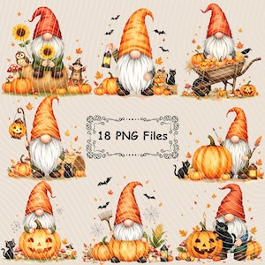 May include: A collection of nine watercolor illustrations featuring Halloween gnomes with orange hats and white beards. Each gnome is surrounded by pumpkins, bats, and autumn leaves. The text "18 PNG Files" is also included.