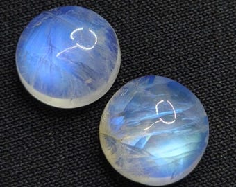 Natural Rainbow Moonstone Cabochons, Blue Flash Gemstone 2 pcs round for Jewelry Making