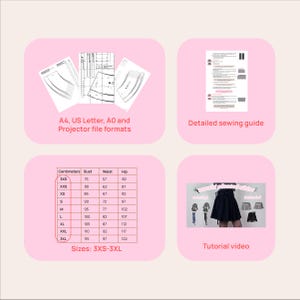 May include: Pink graphic with sewing pattern formats, a detailed sewing guide, a size chart in centimeters, and a tutorial video. The size chart includes measurements for bust, waist, and hip, ranging from 3XS to 3XL.