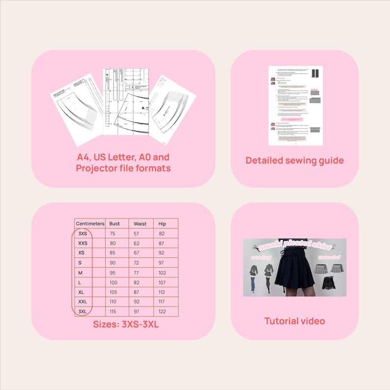 May include: Pink graphic with sewing pattern formats, a detailed sewing guide, a size chart in centimeters, and a tutorial video. The size chart includes measurements for bust, waist, and hip, ranging from 3XS to 3XL.